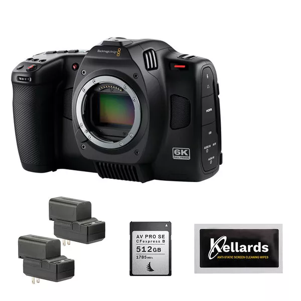 Blackmagic Design Cinema Kamera 6K (BM-CINECAM60KLFL) Bundle with Angelbird 512GB Memory Card, Genaray 2x NP-F770 4400mAh Batteries & 2x Compact Chargers Kit and Anti-Static Screen Cleaning Wipes