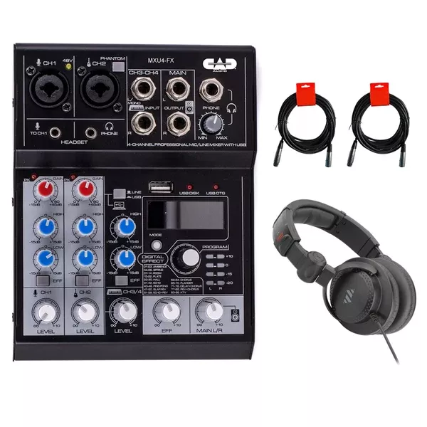 CAD Audio MXU4-FX 4-Channel Mixer with USB Interface and Digital Effects Bundle with Polsen HPC-A30-MK2 Headphone and 2x 20" XLR-XLR Cable