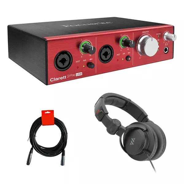 Focusrite Clarett 2Pre USB USB Audio Interface Bundle with Studio Monitor Headphones & XLR Cable