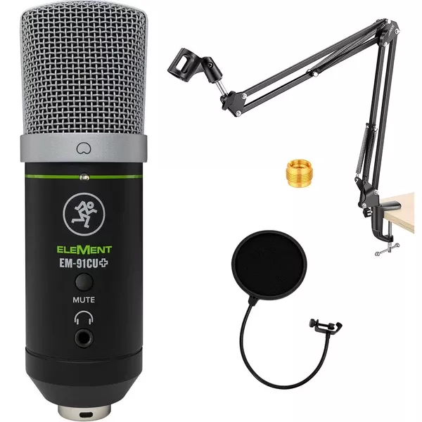 Mackie EM-91CU+ EleMent Series USB Condenser Microphone Bundle with Adjustable Microphone Suspension Boom Scissor Arm Stand and Pop Filter