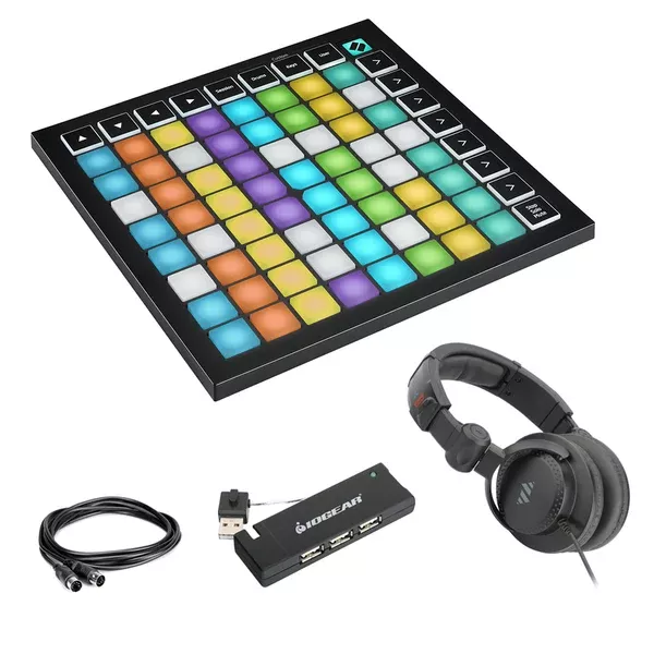 Novation Launchpad Mini MK3 64-Pad MIDI Grid Controller Bundle with 4-Port USB Hub, Studio Headphones & MIDI Cable