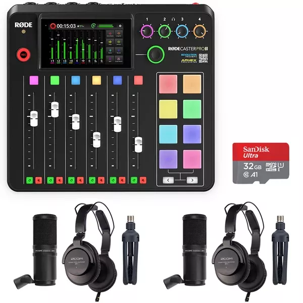 Rode RODECaster Pro II Integrated Audio Production Studio Bundle with 2x Zoom ZDM-1 Podcast Mic Pack and 32GB microSDHC Memory Card