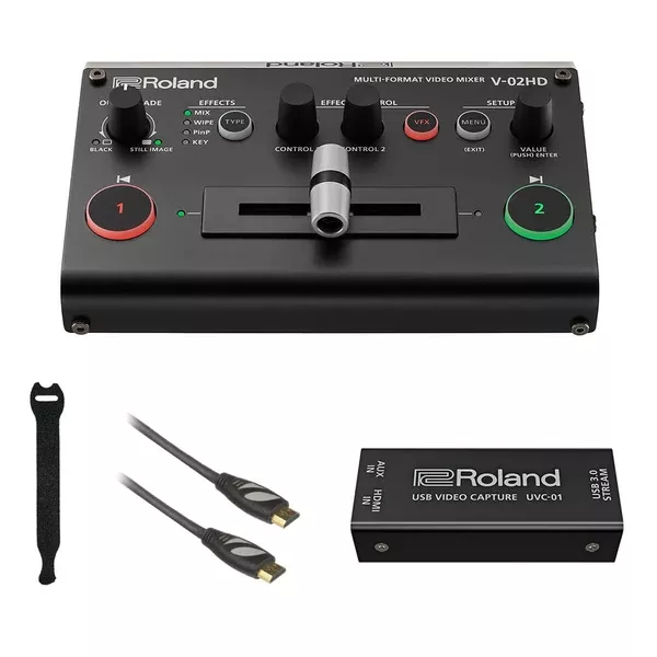 Roland V-02HD STR HD Video Mixer/Switcher Live Streaming Bundle with Encoder UVC-01, 6' HDMI Cable & 10-Pack Straps