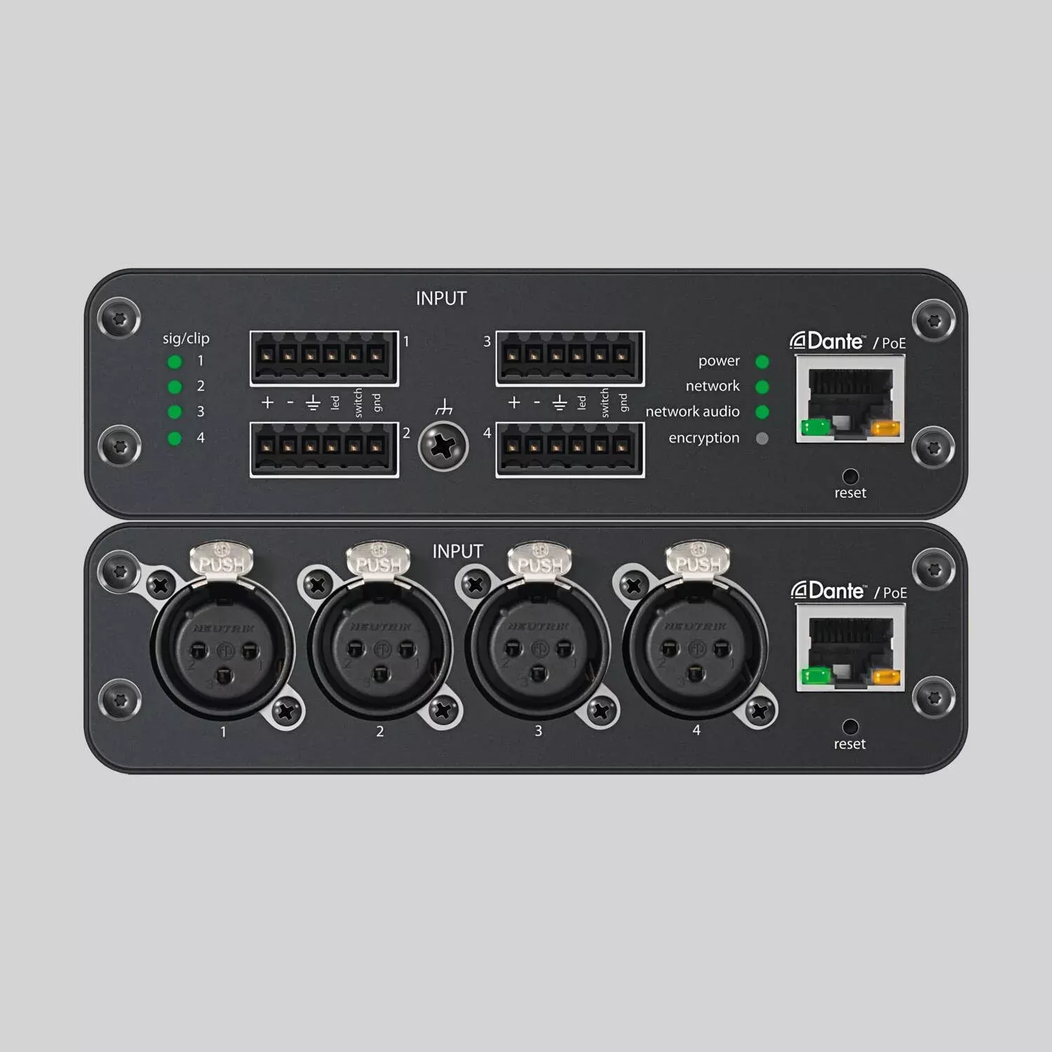 Shure ANI4IN-BLOCK, Audio Network Interface, 4-Input, Block connectors, Mic/Line Dante Audio Network Interface with Mic Logic, Peq, and Audio Summing